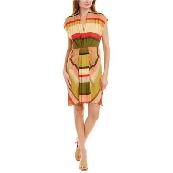 Toccin NYC Sarong Dress Multicolor Striped Pleated Front Sheath Dress Size 4 - Picture 3 of 11